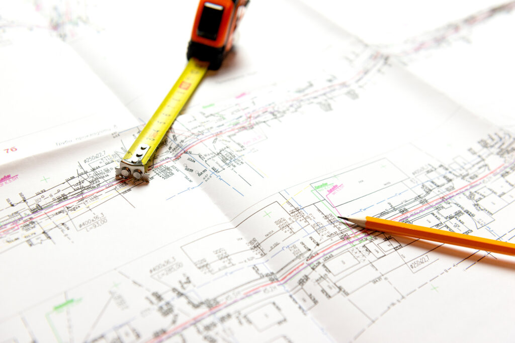 A sheet of construction drawings, a tape measure and a pencil